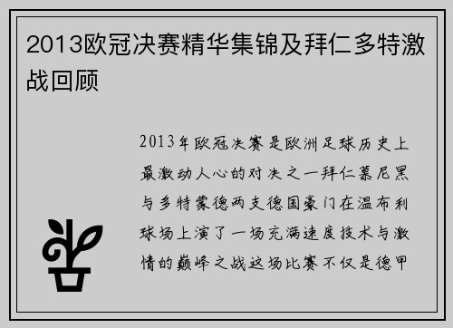 2013欧冠决赛精华集锦及拜仁多特激战回顾