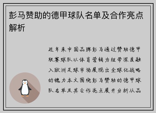 彭马赞助的德甲球队名单及合作亮点解析